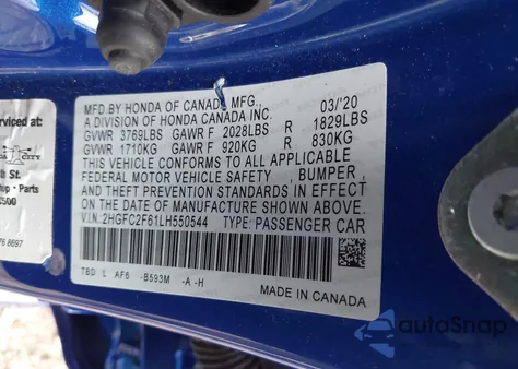 2020 Honda Civic Lx из США, поврежденный, VIN 2HGFC2F61LH550544